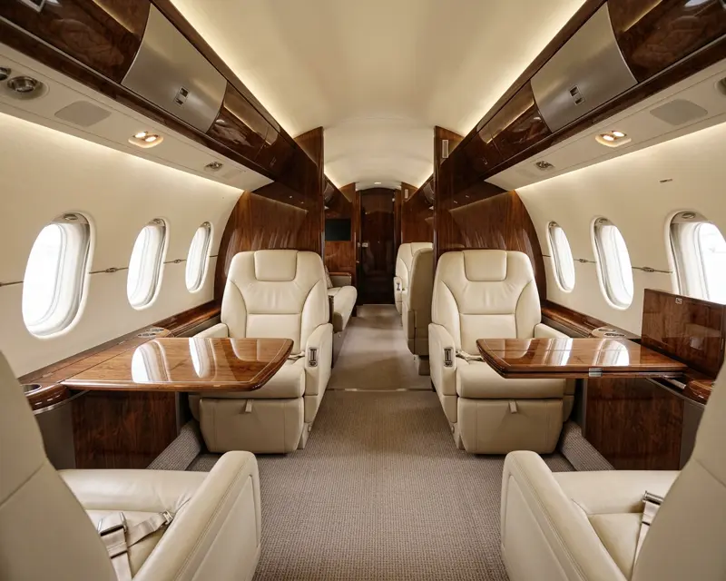 Clean private jet cabin interior with leather seating