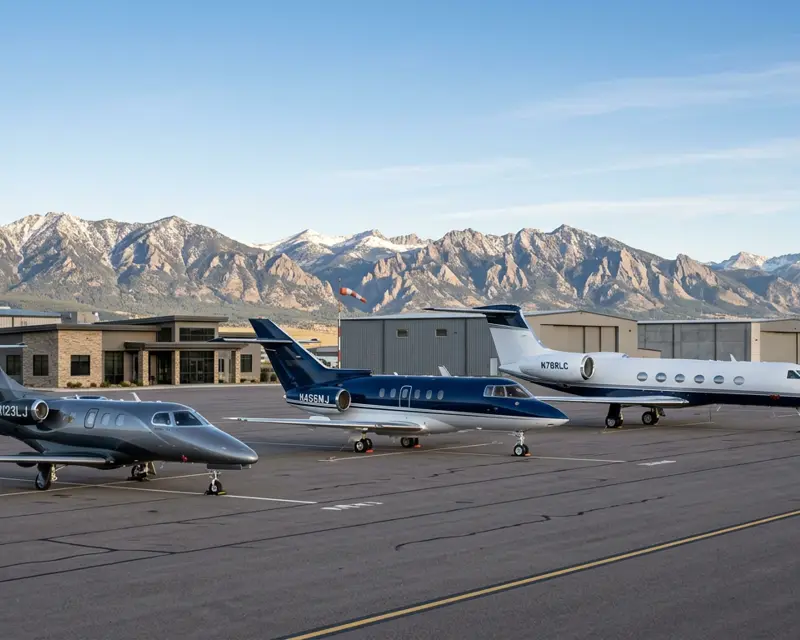 Multiple business jets parked on a ramp with mountains in the background