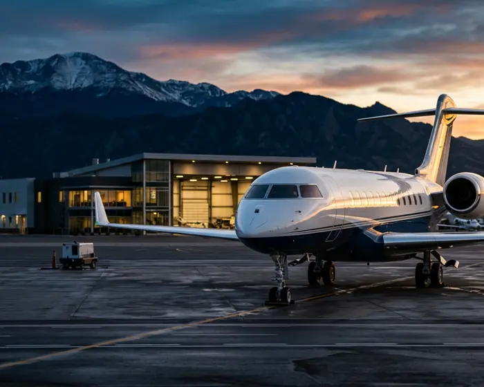 Business jet parked at a private hangar in Colorado
