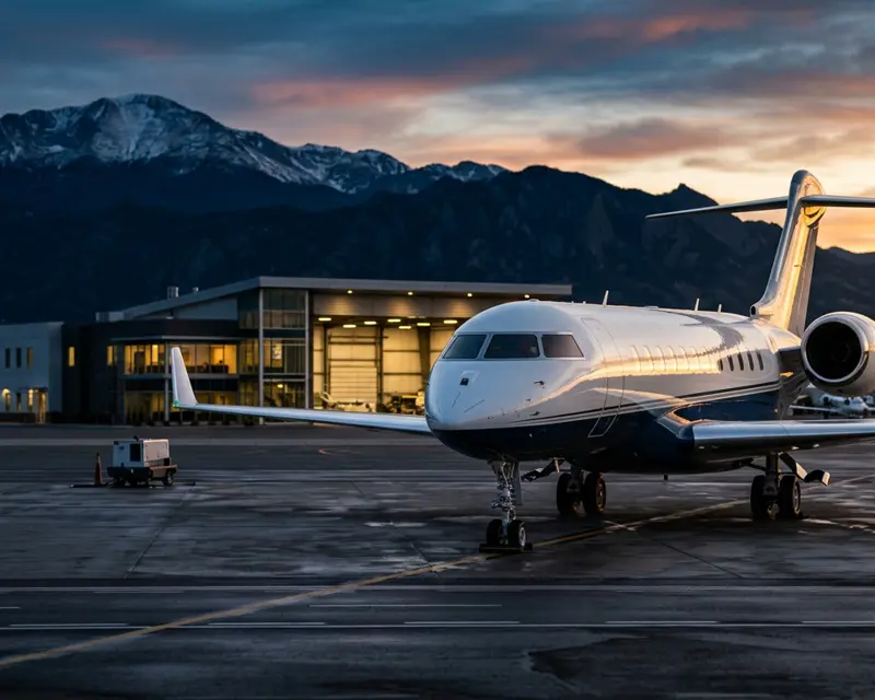 Business jet exterior on a ramp at golden hour, Colorado mountains behind it