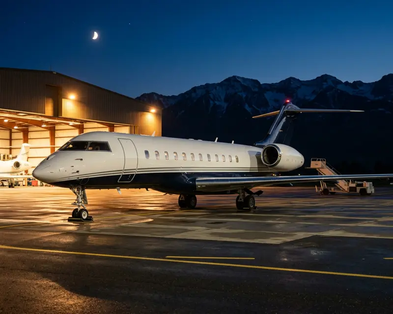 Business jet at a hangar at dusk