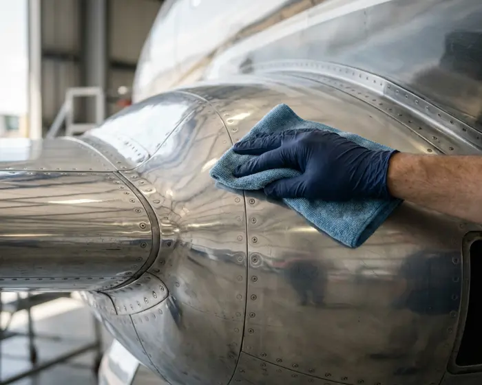 Close-up of a gloved hand detailing an aircraft fuselage panel
