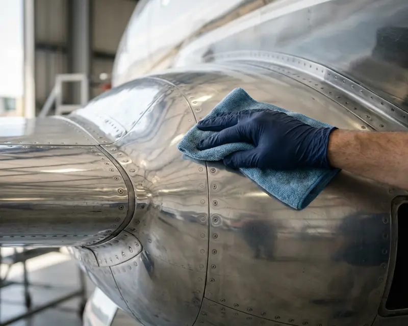 Close-up of a gloved hand detailing an aircraft fuselage panel