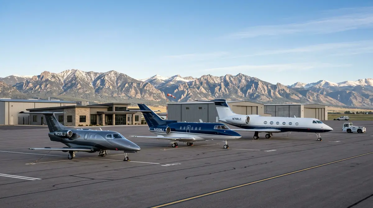 Three private business jets of different sizes parked on a ramp with Colorado mountains behind them