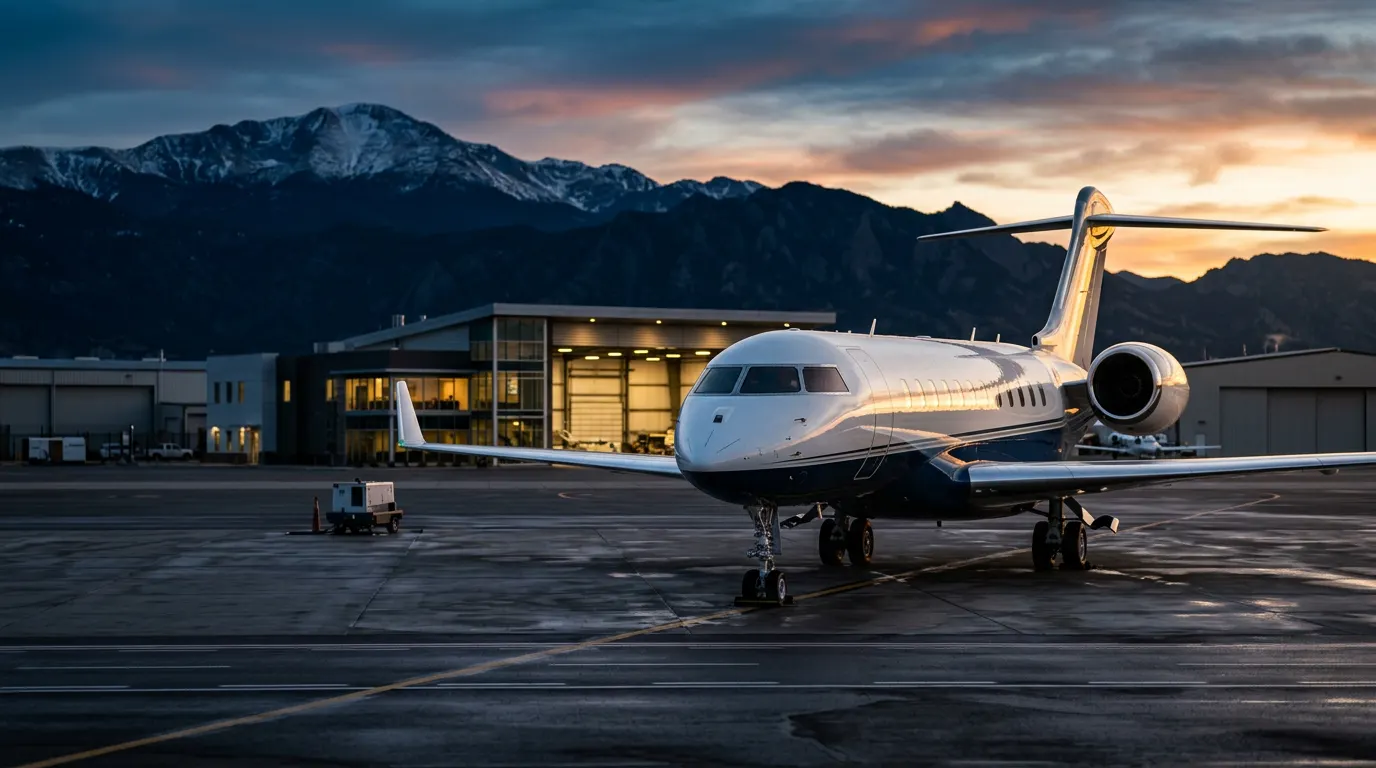 Global-series private business jet on a ramp at a private aviation hangar with Colorado mountains at dusk